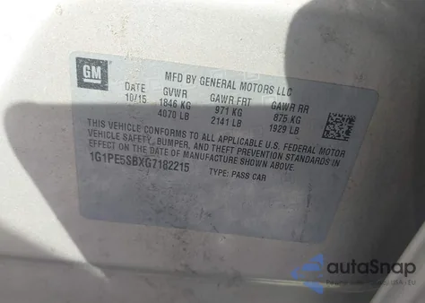 2016 Chevrolet Cruze Limited 1Lt Auto из США, поврежденный, VIN 1G1PE5SBXG7182215